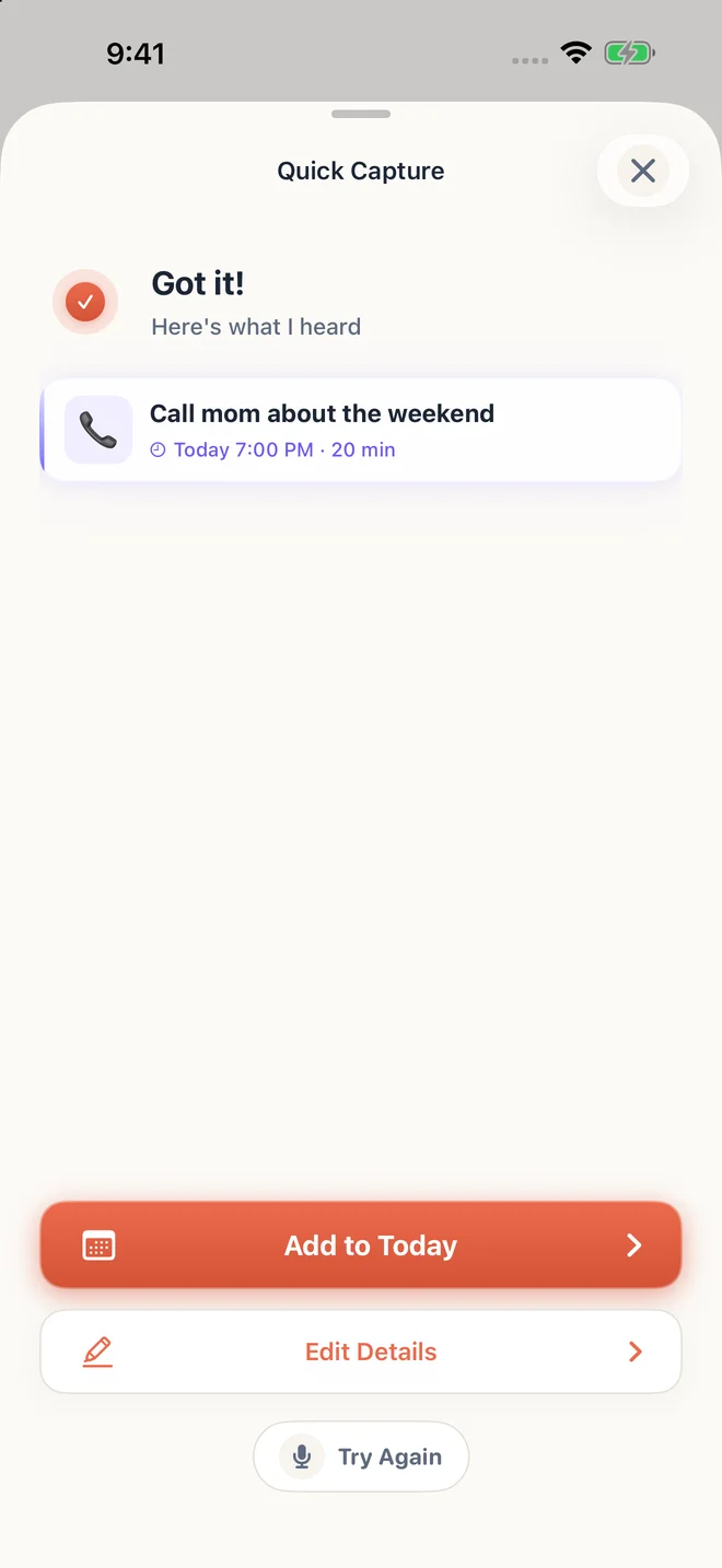 Tether Quick Capture preview of Call mom about the weekend, scheduled for today at 7 PM for 20 minutes.